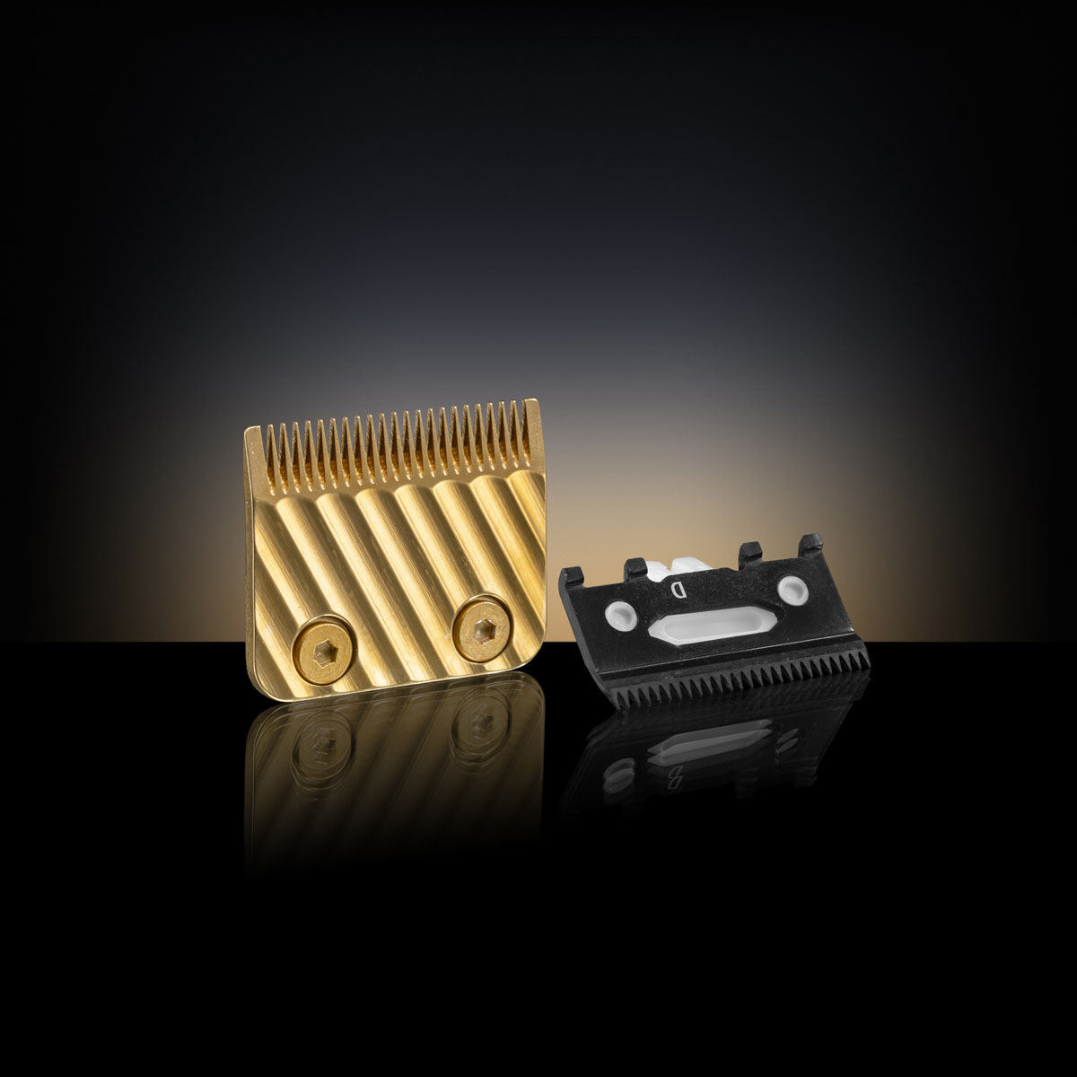 Super Motor Cordless Clipper Replacement Blade (Gold) front and back view on dark background